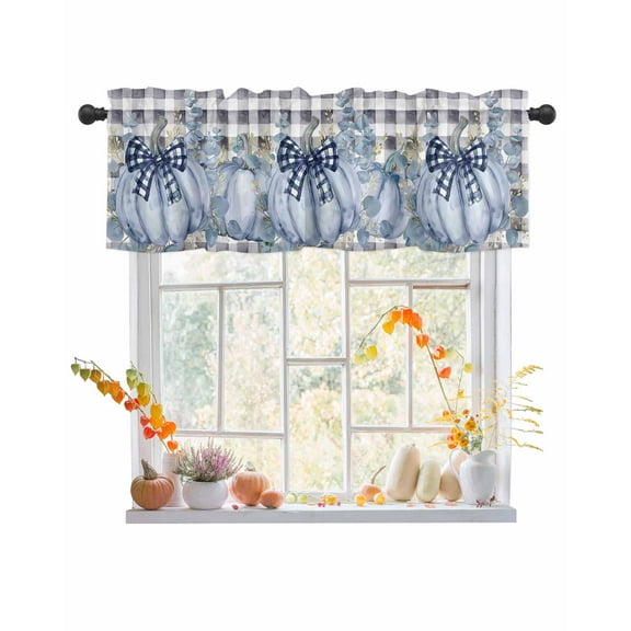 Fall Valances for Windows, Thanksgiving Blue Pumpkin Eucalyptus Leaves Plaid Rod Pocket Short Window Valance Curtains Holiday Window Treatment for Kitchen Living Room Bathroom, 42"x12"