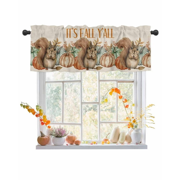 Fall Valances for Windows, Thanksgiving Cute Squirrel Nut Pumpkin Linen Texture Rod Pocket Short Window Valance Curtains Holiday Window Treatment for Kitchen Living Room Bathroom, 42"x18"