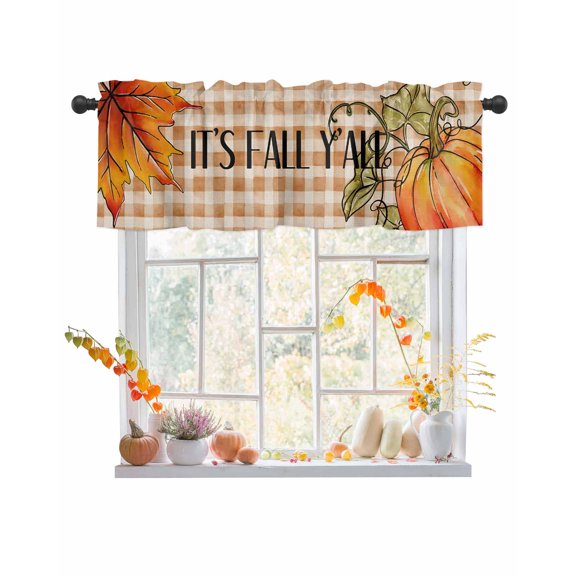 Fall Valances for Windows, Thanksgiving Orange Pumpkin Fall Maple Leave Rod Pocket Short Window Valance Curtains Holiday Window Treatment for Kitchen Living Room Bathroom, 42"x12"