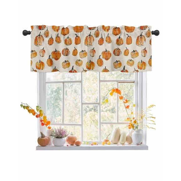 Fall Valances for Windows, Thanksgiving Orange Pumpkin Simple Lines Linen Rod Pocket Short Window Valance Curtains Holiday Window Treatment for Kitchen Living Room Bathroom, 42"x12"