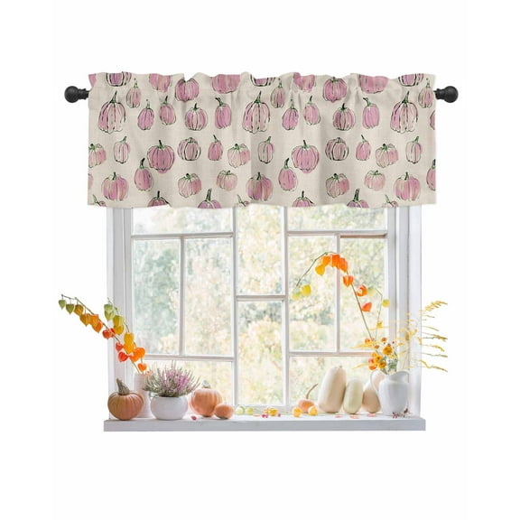 Fall Valances for Windows, Thanksgiving Pink Pumpkin Simple Lines Linen Rod Pocket Short Window Valance Curtains Holiday Window Treatment for Kitchen Living Room Bathroom, 42"x12"