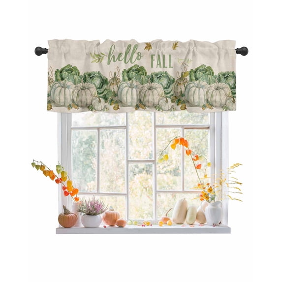 Fall Valances for Windows, Thanksgiving Pumpkin Cabbage Leaves Linen Rod Pocket Short Window Valance Curtains Holiday Window Treatment for Kitchen Living Room Bathroom, 60"x18"