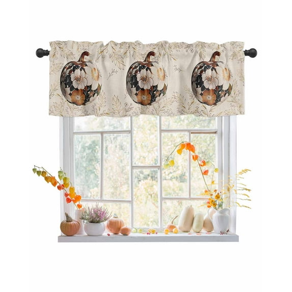 Fall Valances for Windows, Thanksgiving Pumpkin with Floral Golden Botanical Leaves Linen Rod Pocket Short Window Valance Curtains Holiday Window Treatment for Kitchen Living Room Bathroom, 60"x18"