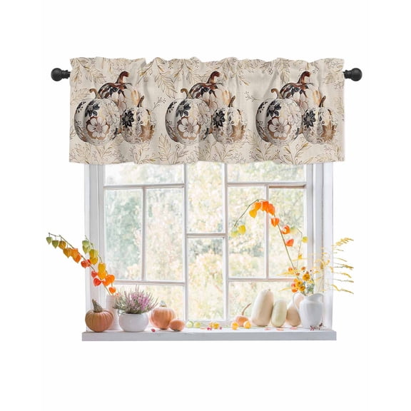 Fall Valances for Windows, Thanksgiving Pumpkin with Floral Golden Botanical Leaves Linen Rod Pocket Short Window Valance Curtains Holiday Window Treatment for Kitchen Living Room Bathroom, 42"x18"