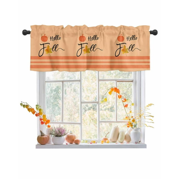 Fall Valances for Windows, Thanksgiving Pumpkin Leaves Maple Leaf Lines Rod Pocket Short Window Valance Curtains Holiday Window Treatment for Kitchen Living Room Bathroom, 42"x12"