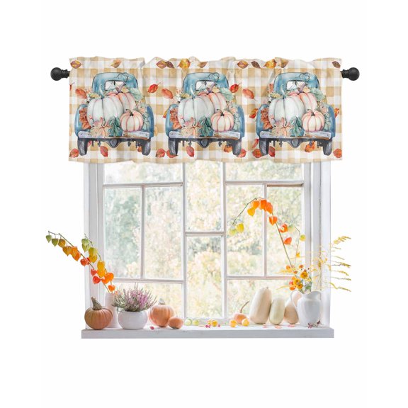 Fall Valances for Windows, Thanksgiving Pumpkin Leaves Truck Plaid Rod Pocket Short Window Valance Curtains Holiday Window Treatment for Kitchen Living Room Bathroom, 42"x18"