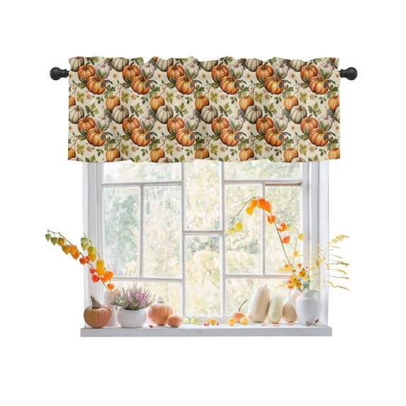 Fall Valances for Windows, Theme Fallen Leaves Pumpkin Linen Texture Rod Pocket Short Window Valance Curtains Holiday Window Treatment for Kitchen Living Room Bathroom, 60"x18"
