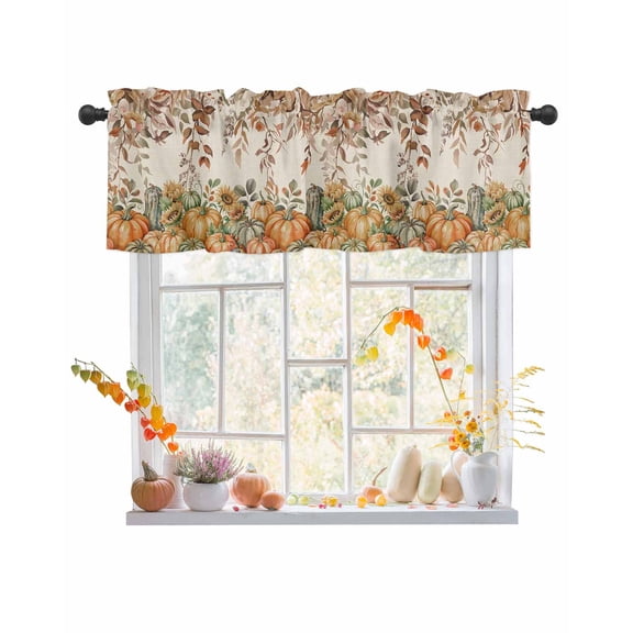 Fall Valances for Windows, Theme Yellow Deciduous Pumpkin Flower Linen Texture Rod Pocket Short Window Valance Curtains Holiday Window Treatment for Kitchen Living Room Bathroom, 42"x12"