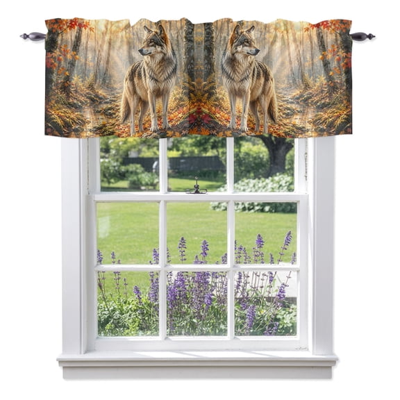 Fall Valances for Windows, Timber Wolf Orange Maple Leaves Forest Creek Sunbeam Rustic Rod Pocket Short Window Valance Curtains Holiday Window Treatment for Kitchen Living Room Bathroom 60" x 18"
