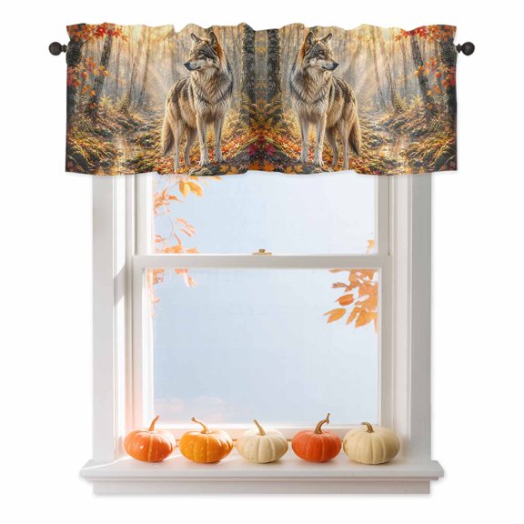 Fall Valances for Windows, Timber Wolf Orange Maple Leaves Forest Creek Sunbeam Rustic Rod Pocket Valance Short Window Treatments Curtains for Kitchen Bathroom Bedroom Decor, 42 x 12 Inches