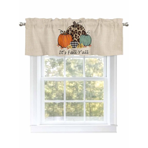 It's Fall Valances for Windows Y'all Leopard Plaid Pumpkin Harvest Linen Texture Kitchen Valance Curtain Rod Pocket Small Curtains for Cafe Bathroom Laundry Basement 54" x 18"