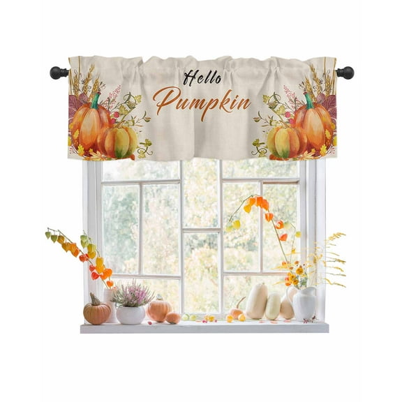 Fall Valances for Windows, Hallo Pumpkin Rod Pocket Short Window Valance Curtains Holiday Window Treatment for Kitchen Living Room Bathroom, 42"x12"