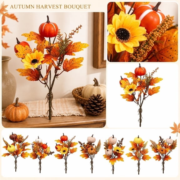 Fall Vase Filler, Fall Floral Stems, Fake Fall Leaves, Halloween Floral, 14X8 Inch Mixed Maple Leaf and Mini Fabric Pumpkin Bundle for Diy Centerpiece, Wedding and Harvest