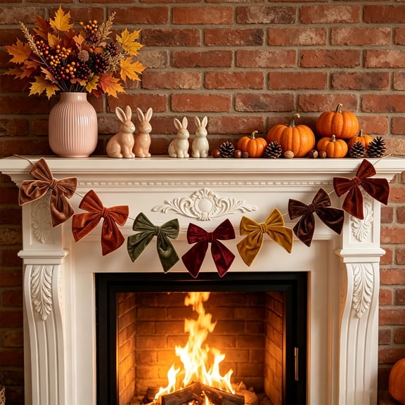 Fall Velvet Bow Garland Coquette Ribbon Banner Assembled Thanksgiving Bunting Fireplace Mantle Staircase Wall Rustic Boho Holiday Decor