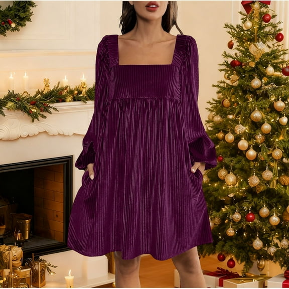 Fall Velvet Dresses for Women Oversied Square Neck Cocktail Party Evening Midi Dresses Womens Casual Solid Sophisticated Loose Long Sleeved Knee Length Dresses Elegant Evening Dress