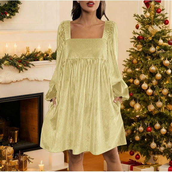 Fall Velvet Dresses for Women Oversied Square Neck Cocktail Party Evening Midi Dresses Womens Casual Solid Sophisticated Loose Long Sleeved Knee Length Dresses Elegant Evening Dress