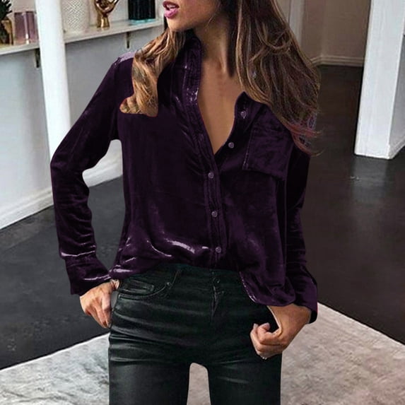 Fall Velvet Long Sleeve Spandex Dress Shirts for Women Purple Leisure Solid Color Work Winter Fashion Top Blouse Elegant Shirt Button Pocket Casual M