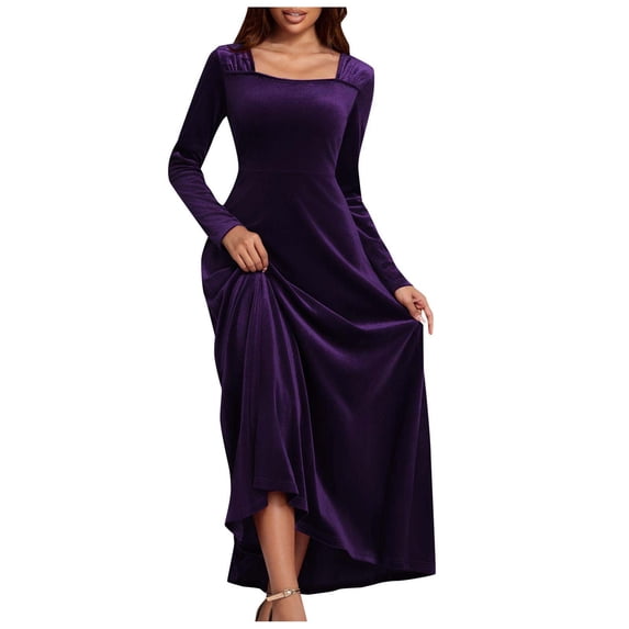 Fall Velvet Maxi Dress for Women Square Neck Long Sleeve Dresses Slim Flowy Casual Velour Outfit High Elastic Outfits