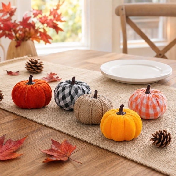 Fall Velvet Plaid Mini Pumpkin Set of 5, Tiered Tray Tabletop Thanksgiving Decor