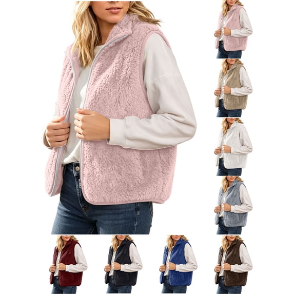 Fall Vest Zaewscy Women's Stand Collar Zip Up Fuzzy Sleeveless Vest Casual Fleece Gilet Pink XL