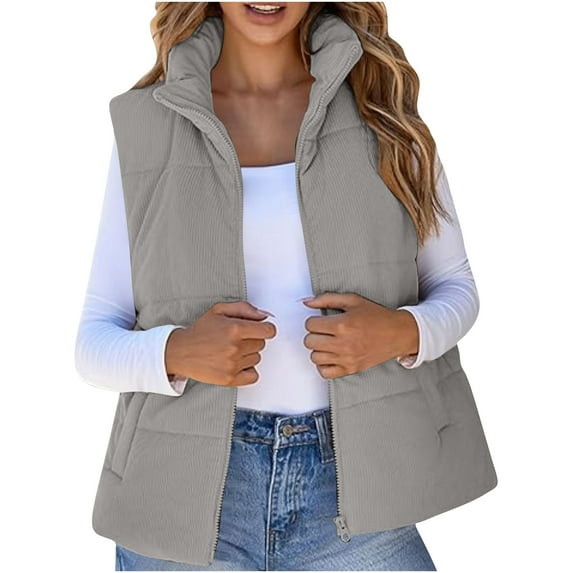 Fall Vests for Women Plus Size New Women Corduroy Vests Cropped Sleeveless Puffer Jacket Winter Lightweight Stand Collar Coat Outerwear Gray S