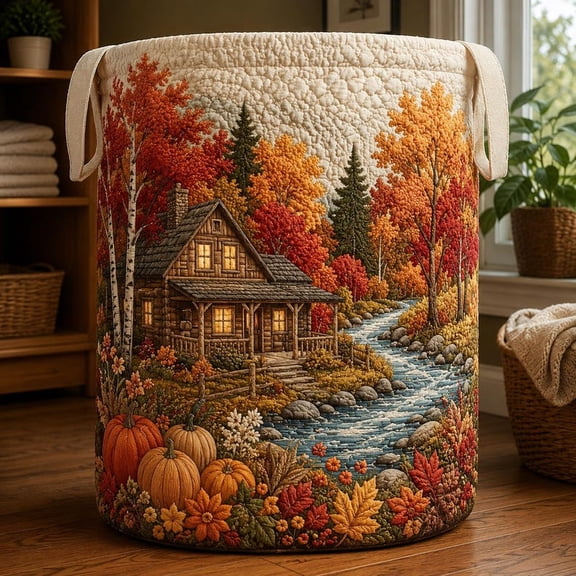 Fall Vibe Cabin Quilted Laundry Basket: Autumn Forest Foldable Hamper, Rustic Storage Bin