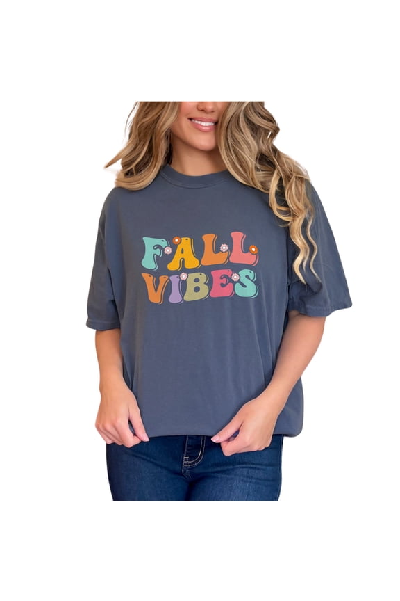 Fall Vibes, Autumn Season Themed, Groovy Retro Wavy Text, Denim Comfort Colors T-Shirt, Medium