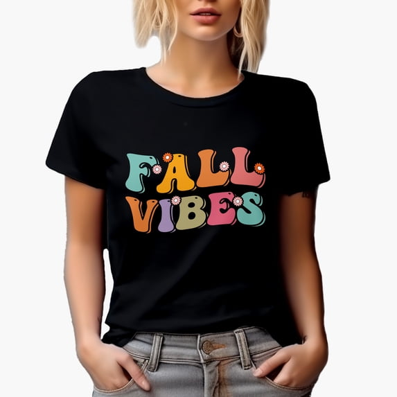 Fall Vibes, Autumn Season Themed, Groovy Retro Wavy Text Merch Gift, Black T-Shirt, Large