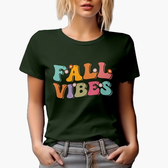 Fall Vibes, Autumn Season Themed, Groovy Retro Wavy Text Merch Gift, Military Green T-Shirt, Medium