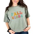 thumbnail image 1 of Fall Vibes, Autumn Season Themed, Groovy Retro Wavy Text, Moss Comfort Colors T-Shirt, Medium, 1 of 1