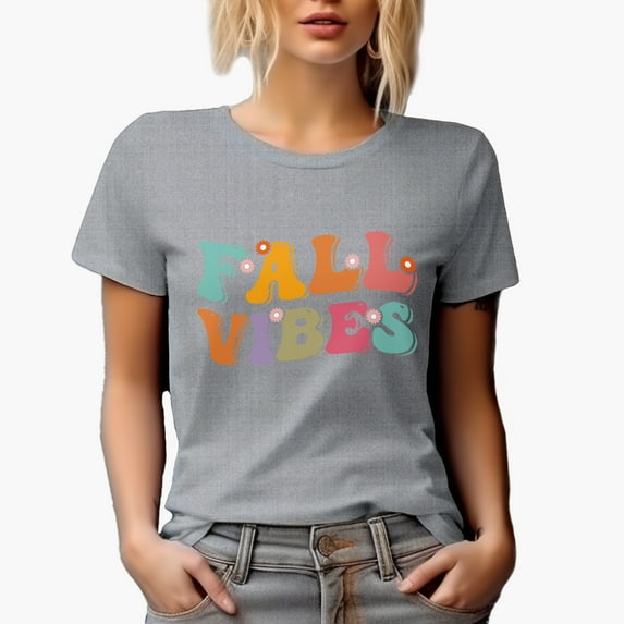 Fall Vibes, Autumn Themed, Groovy Retro Wavy Text Merch Gift, Heather Grey T-Shirt, Large