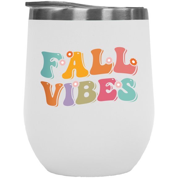 Fall Vibes, Autumn Themed, Groovy Retro Wavy Text Merch Gift, White 12oz Wine Tumbler