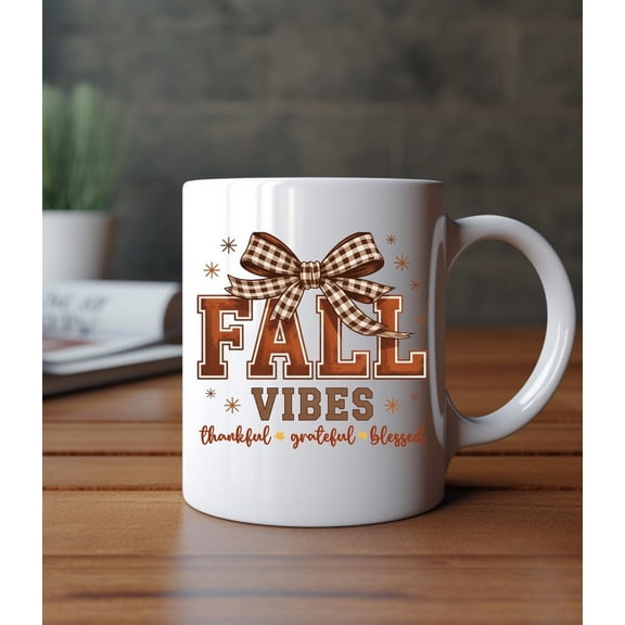 Fall Vibes Ceramic Mug, Grateful Thankful Blessed Cup, Autumn Gift Mug for Friends, Fall Home Decor Coffee Mug
