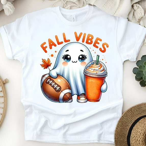 Fall Vibes Cute Ghost T-Shirt | Kawaii Halloween Football Latte Tee | Unisex Fall Shirt, White, Size 3XL