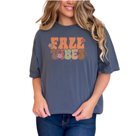 Fall Vibes, Flowers Art Merch, Denim Comfort Colors T-Shirt, Small
