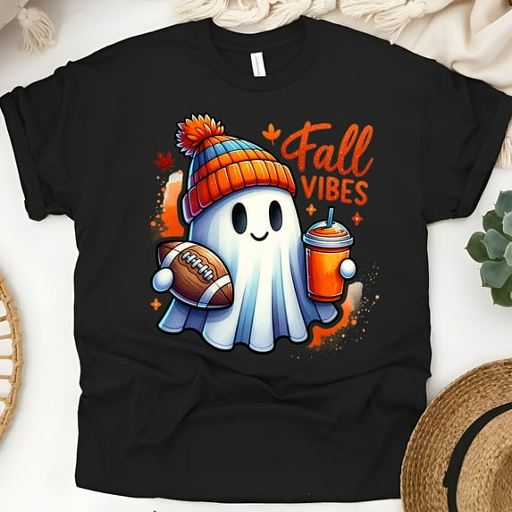 Fall Vibes Ghost T-Shirt | Cute Halloween Football Coffee Tee | Unisex Autumn Shirt, Black, Size L