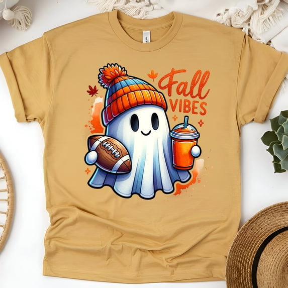 Fall Vibes Ghost T-Shirt | Cute Halloween Football Coffee Tee | Unisex Autumn Shirt, Gold, Size M