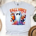 thumbnail image 1 of Fall Vibes Ghost T-Shirt | Gradient Halloween Football Coffee Tee | Unisex Autumn Shirt, Ash, Size 2XL, 1 of 6