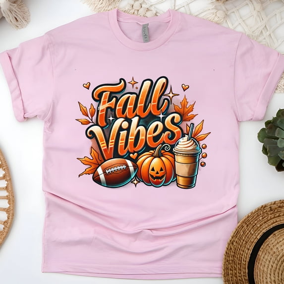 Fall Vibes Graphic T-Shirt | Cozy Autumn Pumpkin Latte Football Tee, Light Pink, Size L
