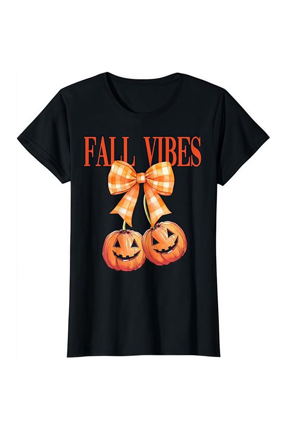 Fall Vibes Graphic Tee T-Shirt Festive Cotton Top Pumpkin Bow Design Casual Short Sleeve Crew Neck Black S-5XL