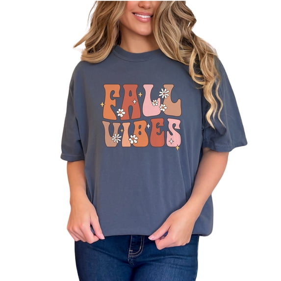 Fall Vibes, Retro Groovy Wavy Text Art, Denim Comfort Colors T-Shirt, Small