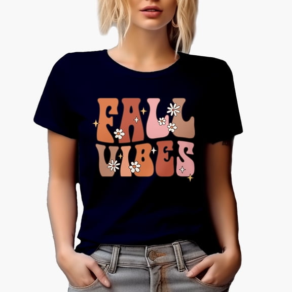 Fall Vibes, Retro Groovy Wavy Text Art, Navy Blue T-Shirt, Medium