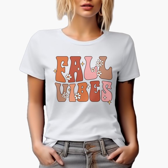Fall Vibes, Retro Groovy Wavy Text with Flowers Art, Autumn Merch Gift, White T-Shirt, Medium