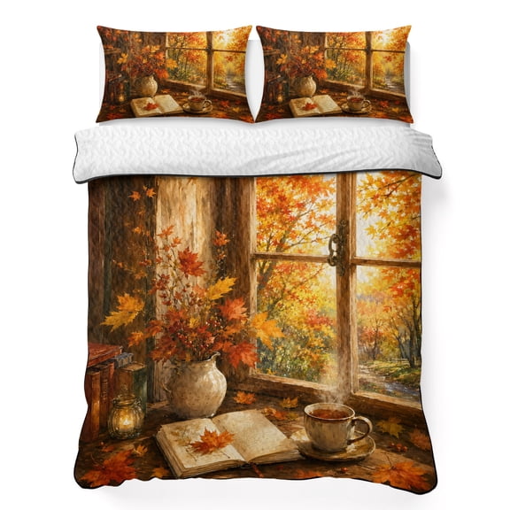 Fall View 3 Piece Quilt Bedding Set with 2 Pillow Shams, Window Landscape Maple Leaf Forest Afternoon Tea French Country Lightweight Bedspread Coverlet, Soft Breathable All Season Quilt, 68 x 86 Inch