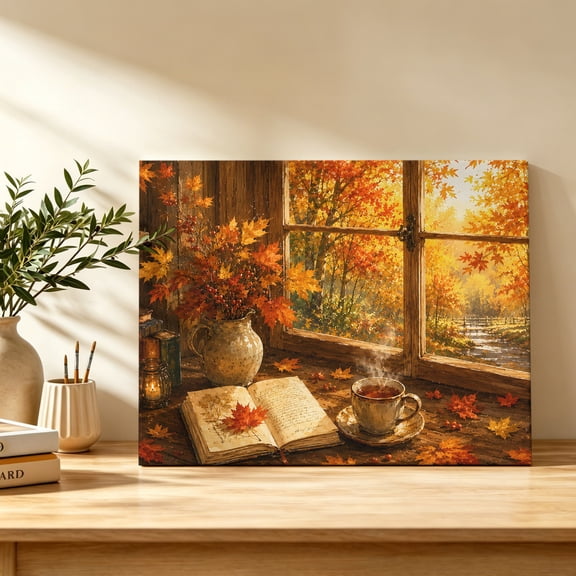 Fall View Canvas Wall Art, Window Landscape Maple Leaf Forest Afternoon Tea French Country Wall Art Prints Artwork Framed Canvas Ready to Hang Art Pictures for Bedroom Entry Desk Corner 10"x8"