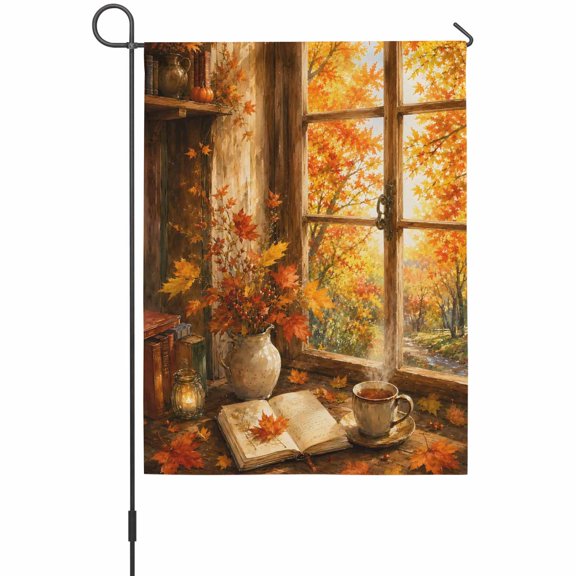 Fall View Garden Flag 12 x 18 Inches, Window Landscape Maple Leaf Forest Afternoon Tea French Country Weather Proof Outdoor Patio Flags Double Sided Small Garden Decoration for Yard Outside Home