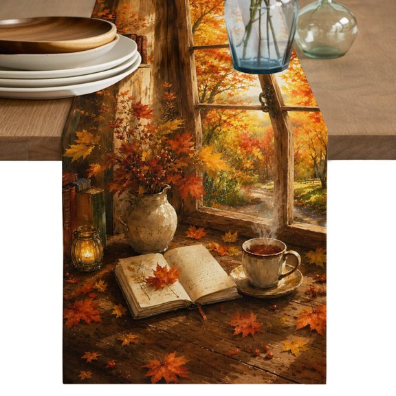 Fall View Table Runner, Window Landscape Maple Leaf Forest Afternoon Tea French Country Cotton Linen Table Cloth, Tablerunner for Kitchen Dining Party Wedding Home Decor 13x108 Inch
