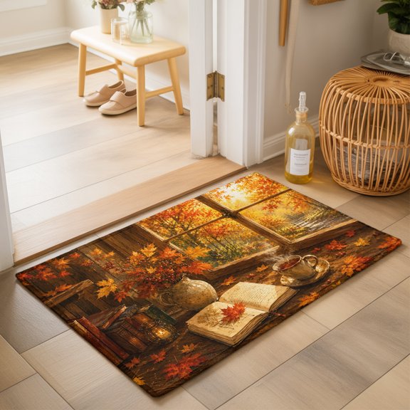 Fall View Washable Small Entryway Area Rugs 2'x3', Window Landscape Maple Leaf Forest Afternoon Tea French Country Washable Throw Rug Non-Slip Sturdy Carpet for Front Door Floor Room Entry