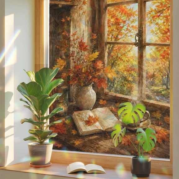 Fall View Window Privacy Film, Window Landscape Maple Leaf Forest Afternoon Tea French Country Stained Glass Rainbow Film Decorative Window Clings, Static Cling Sun Blocking Stickers 17.7" x 78.7"