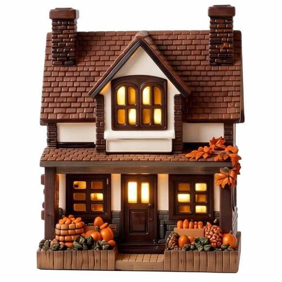 Fall Village Houses, Illuminated Autumn Harvest Cottage Decor, Vintage Lighted Pumpkin Cottage, Halloween Houses Village, with Warm LED Light, for Fireplace Mantel, Kitchen Tabletop Fall Display